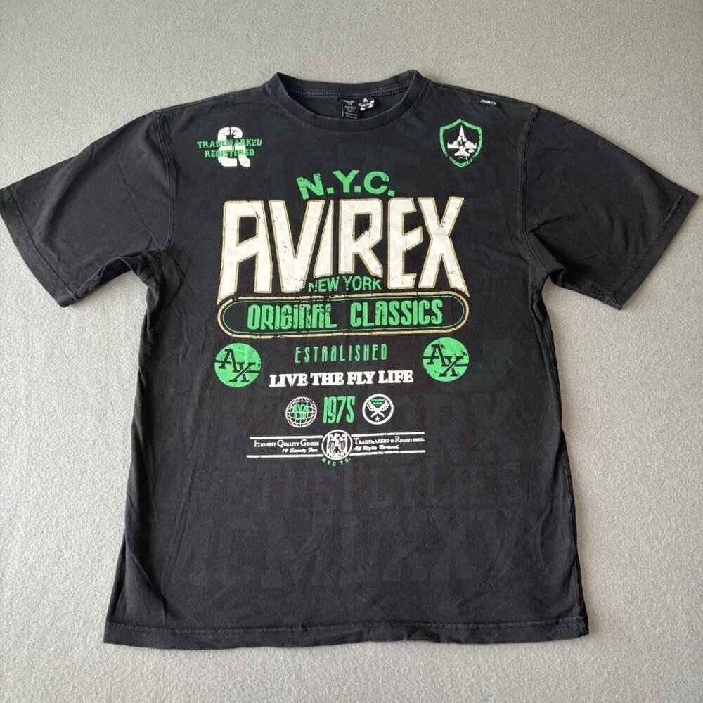 Vintage Avirex Y2K T-Shirt Mens Black Spellout Streetwear Graphic‎ Logo Grunge M